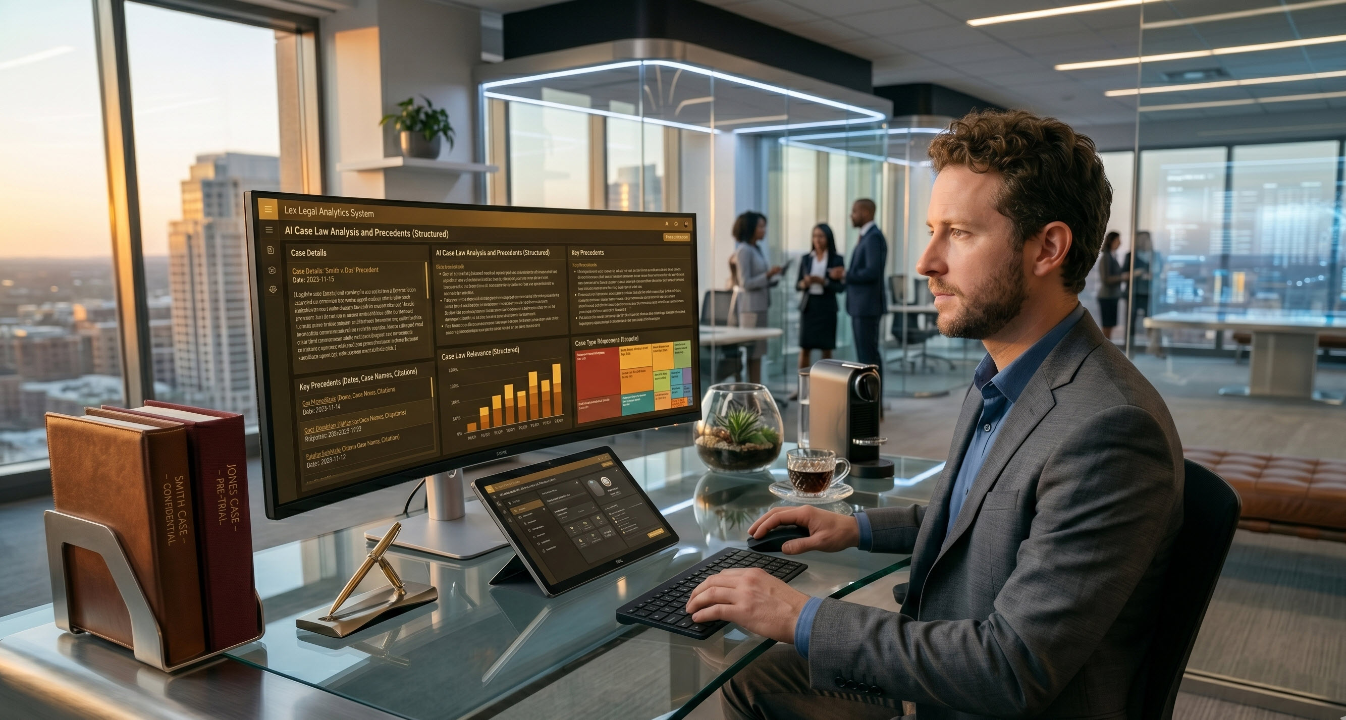 Personal injury attorney reviewing case documents with AI assistance